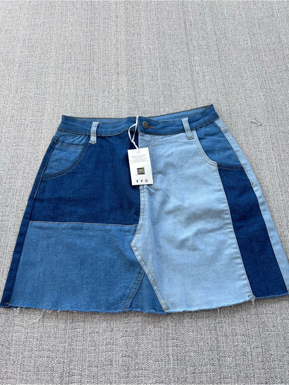 Grace Karin Patchwork Denim Mini Skirt in Dark & Light Blue NWT Size L